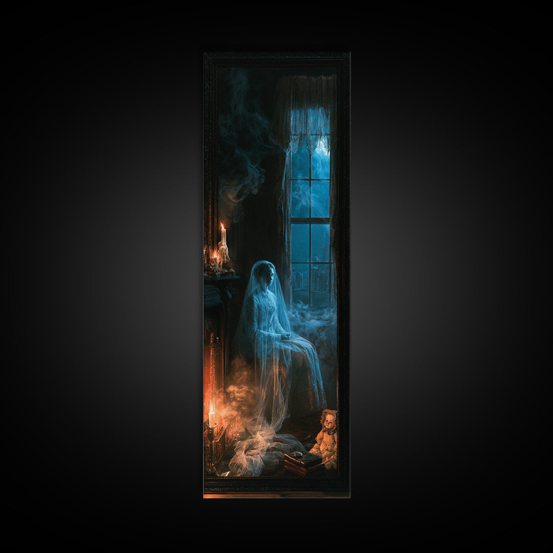 The Hearthside Shade, Victorian Ghost Portrait, Tall Narrow Canvas Print, Macabre Home Decor, Gothic Wall Decor, Classic Monster Art