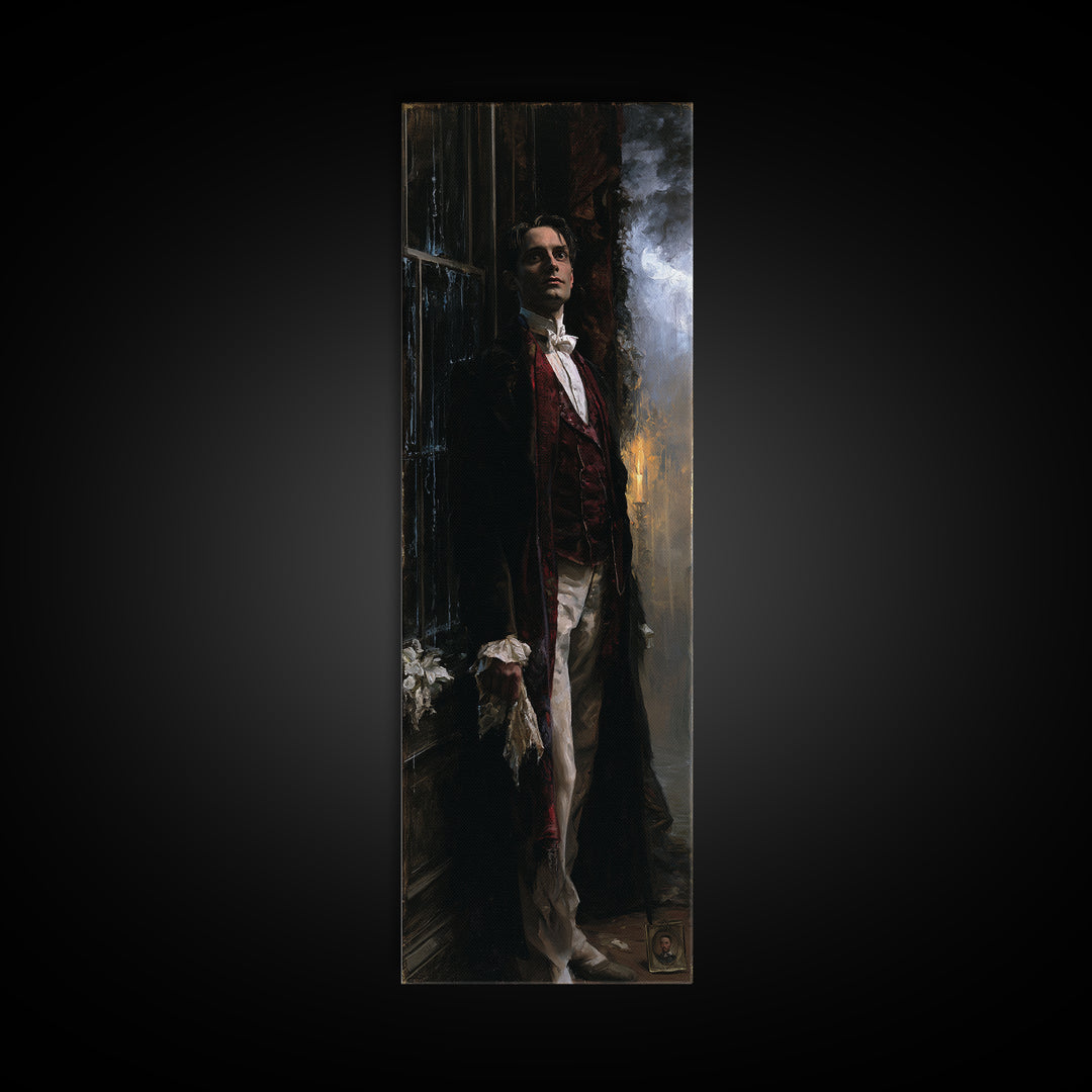 The Ballroom Phantom, Victorian Ghost Portrait, Tall Narrow Canvas Print, Dark Academia Decor, Halloween Portrait Art, Classic Monster Art