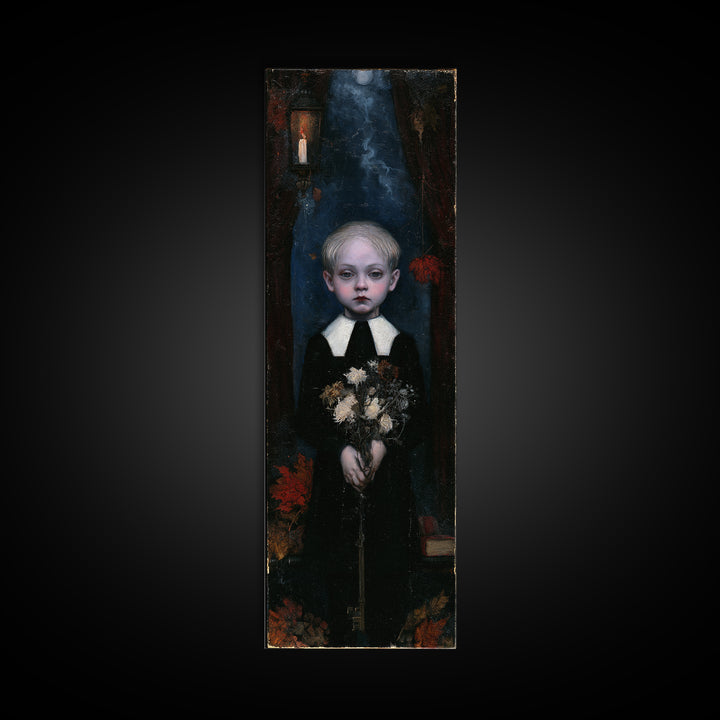 The Churchyard Child, Victorian Ghost Portrait, Tall Narrow Canvas Print, Dark Academia Decor, Antique Horror Decor, Classic Monster Art