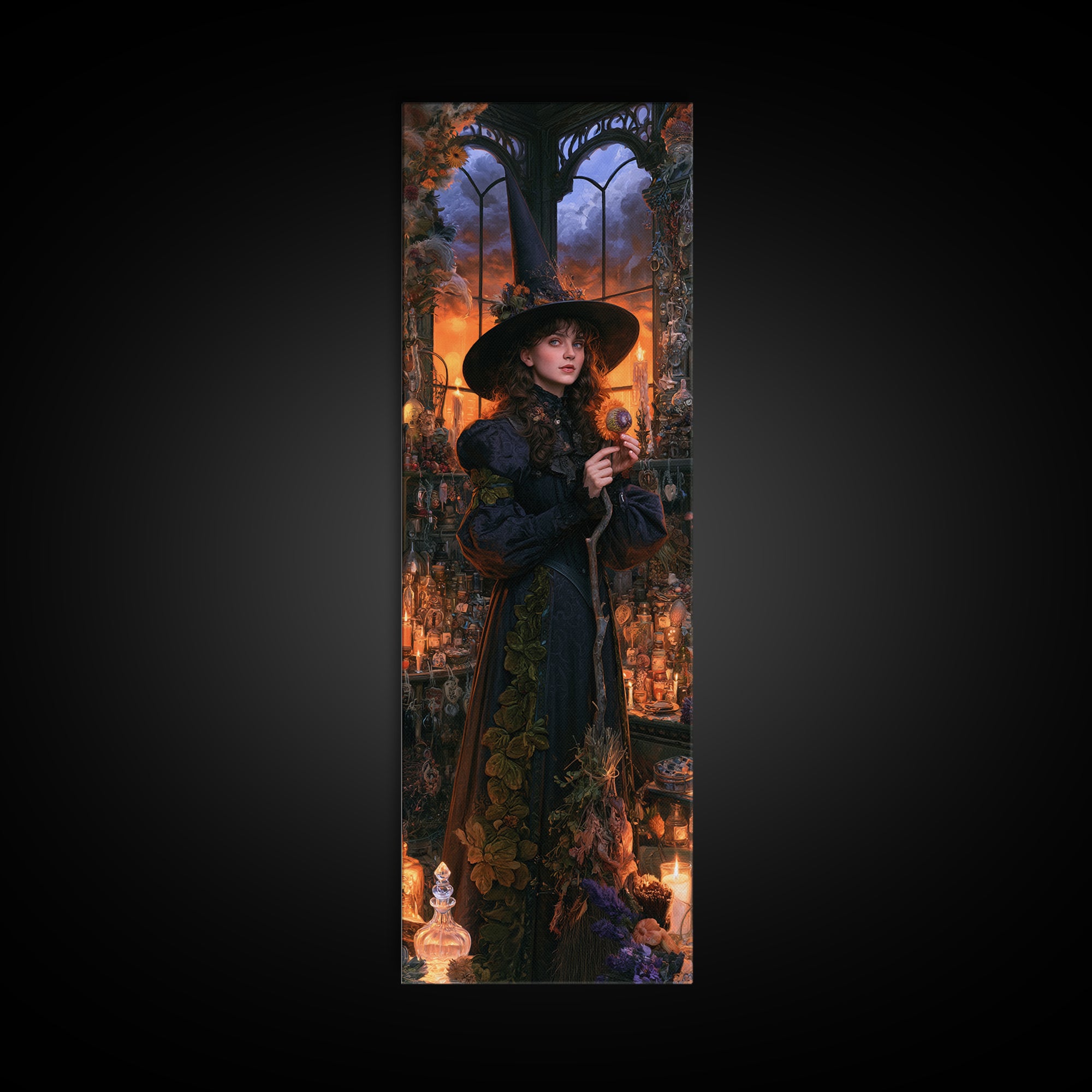 The Greenhouse Witch, Victorian Witch Portrait, Tall Narrow Canvas Print, Antique Style Decor, Antique Horror Decor, Classic Monster Art