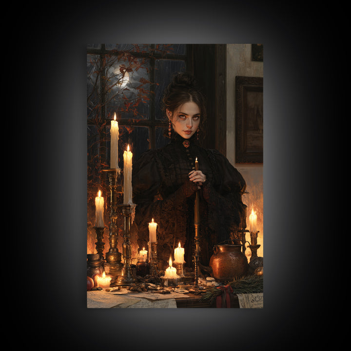 The Candle Witch, Victorian Witch Portrait, Vertical Canvas Print, Dark Academia Decor, Antique Horror Decor, Classic Monster Art