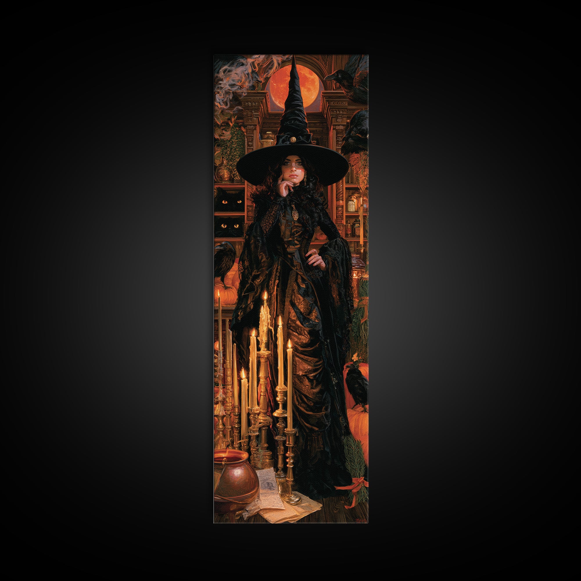 The Candle Witch, Victorian Witch Portrait, Tall Narrow Canvas Print, Classic Halloween Decor, Halloween Portrait Art, Classic Monster Art