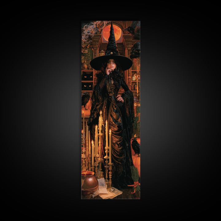 The Candle Witch, Victorian Witch Portrait, Tall Narrow Canvas Print, Classic Halloween Decor, Halloween Portrait Art, Classic Monster Art