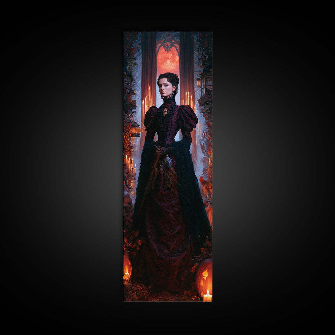 The Velvet Coven Sister, Victorian Witch Portrait, Tall Narrow Canvas Print, Macabre Home Decor, Gothic Wall Decor, Classic Monster Art