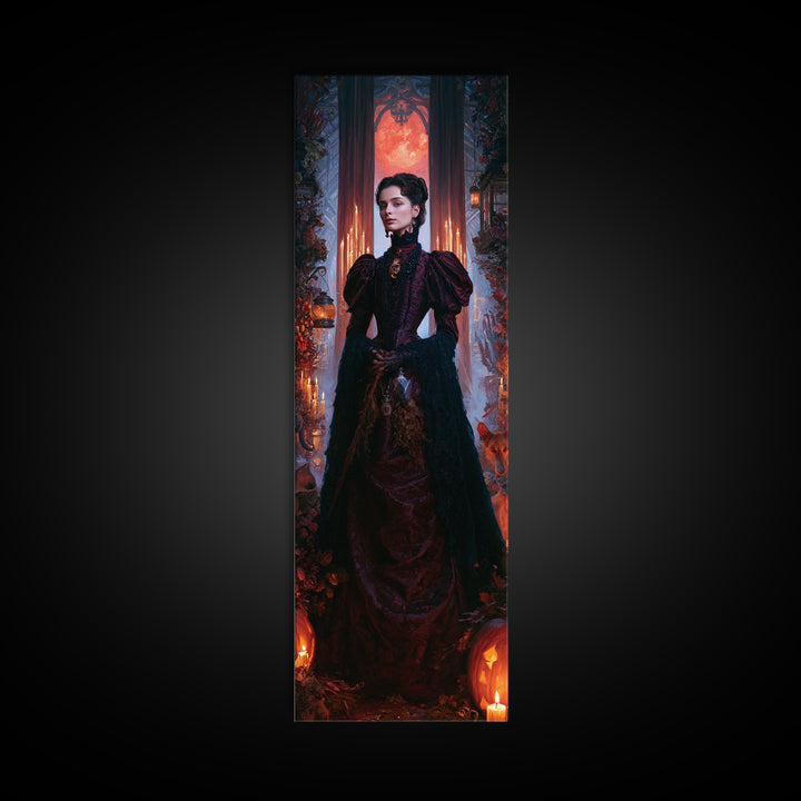 The Velvet Coven Sister, Victorian Witch Portrait, Tall Narrow Canvas Print, Macabre Home Decor, Gothic Wall Decor, Classic Monster Art
