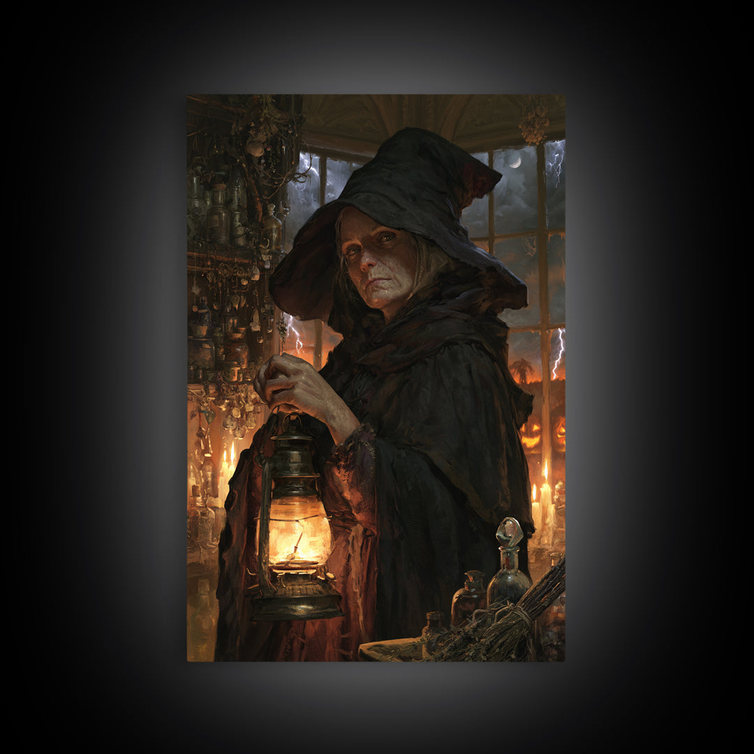 The Lantern Witch, Victorian Witch Portrait, Vertical Canvas Print, Dark Academia Decor, Gothic Wall Decor, Classic Monster Art