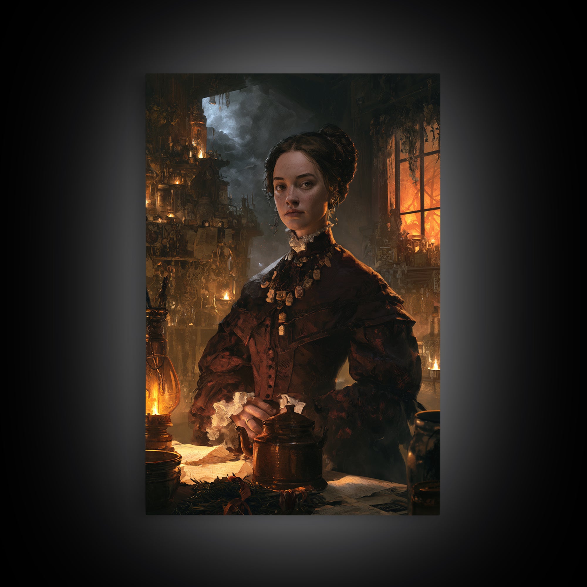 The Bone Charm Governess, Victorian Witch Portrait, Vertical Canvas Print, Macabre Home Decor, Spooky Season Decor, Classic Monster Art