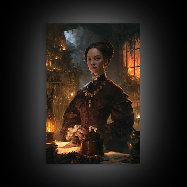 The Bone Charm Governess, Victorian Witch Portrait, Vertical Canvas Print, Macabre Home Decor, Spooky Season Decor, Classic Monster Art