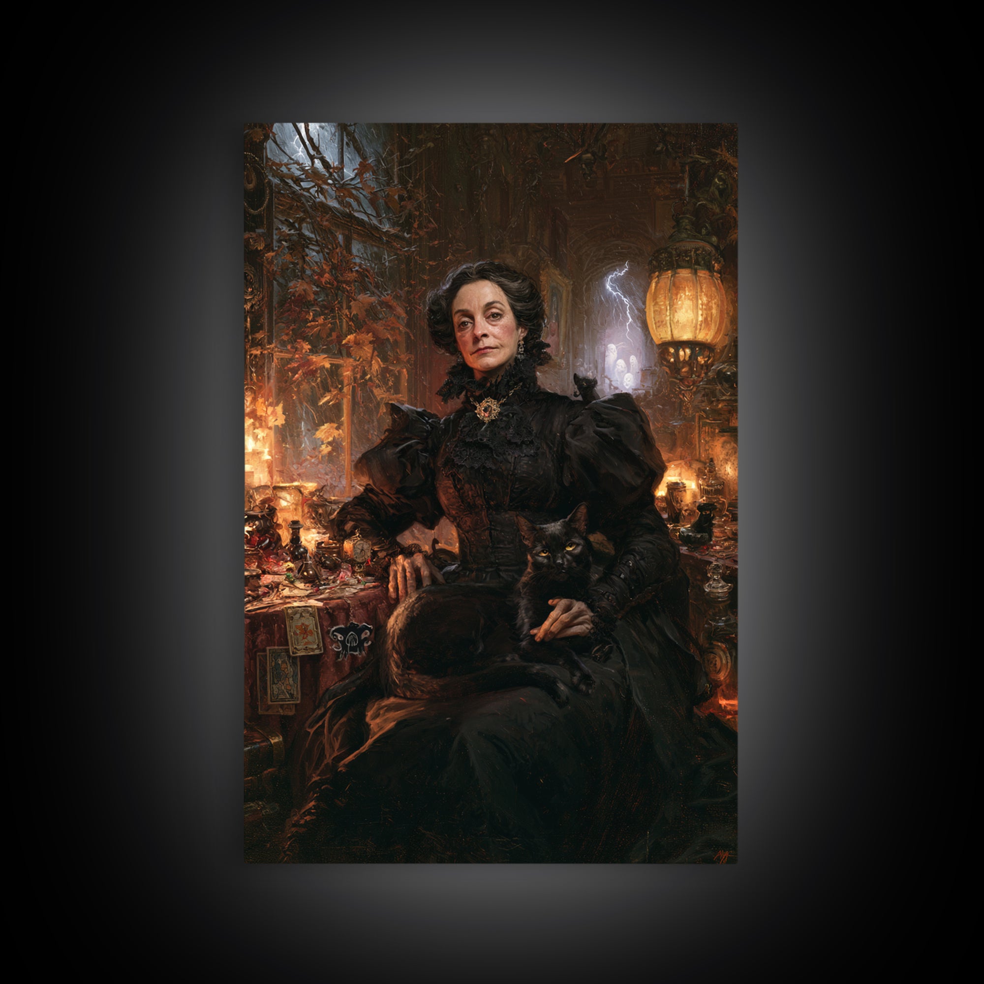 The Widow Of Nine Cats, Victorian Witch Portrait, Vertical Canvas Print, Gothic Home Decor, Halloween Portrait Art, Classic Monster Art