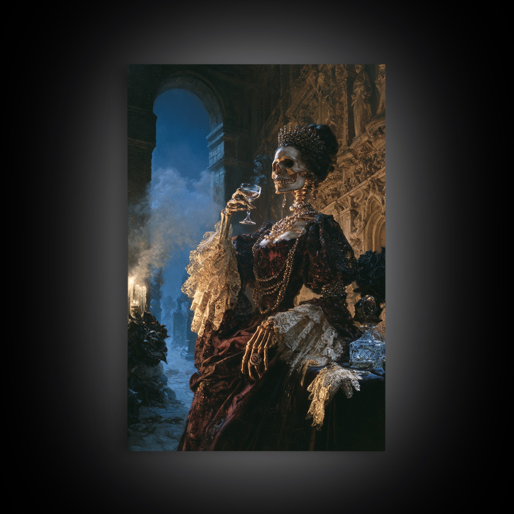 The Lace-Boned Countess, Victorian Skeleton Portrait, Vertical Canvas Print, Gothic Home Decor, Gothic Wall Decor, Classic Monster Art