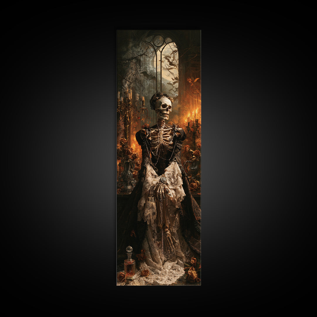 The Lace-Boned Countess, Victorian Skeleton Portrait, Tall Narrow Canvas Print, Gothic Home Decor, Canvas Print, Classic Monster Art