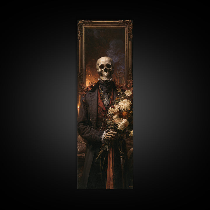 The Graveyard Dandy, Victorian Skeleton Portrait, Tall Narrow Canvas Print, Gothic Home Decor, Halloween Portrait Art, Classic Monster Art
