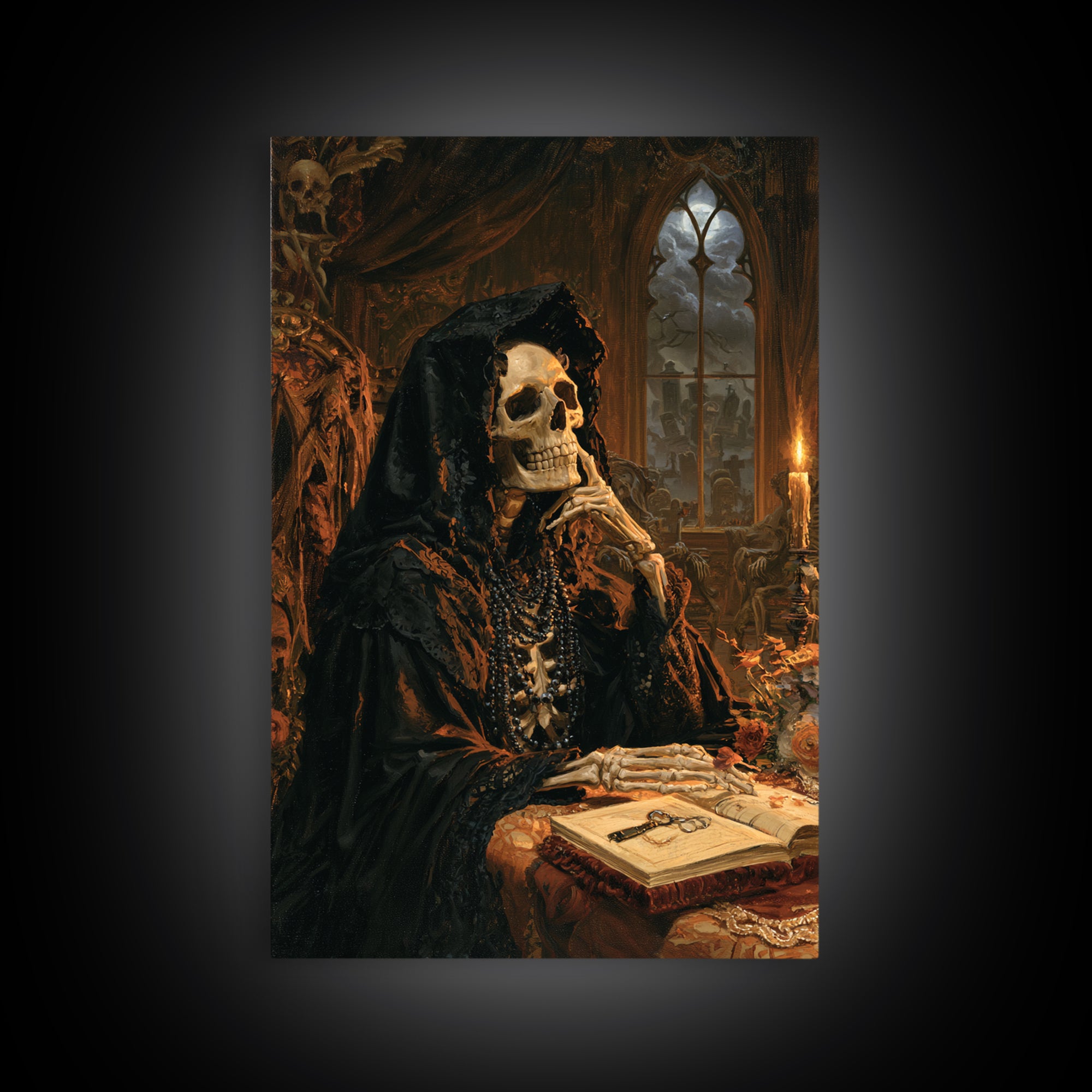 The Widow In Ivory Bone, Victorian Skeleton Portrait, Vertical Canvas Print, Macabre Home Decor, Halloween Portrait Art, Classic Monster Art