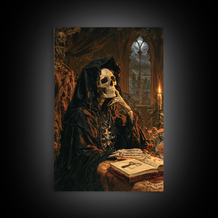 The Widow In Ivory Bone, Victorian Skeleton Portrait, Vertical Canvas Print, Macabre Home Decor, Halloween Portrait Art, Classic Monster Art