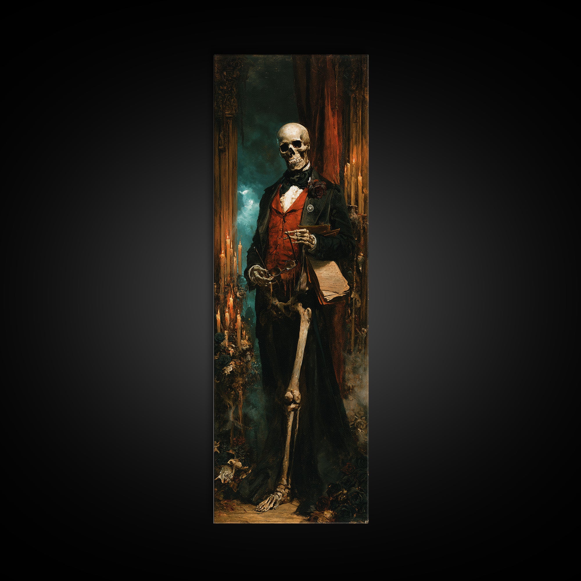 The Gentleman Anatomist, Victorian Skeleton Portrait, Tall Narrow Canvas Print, Antique Style Decor, Classic Monster Art