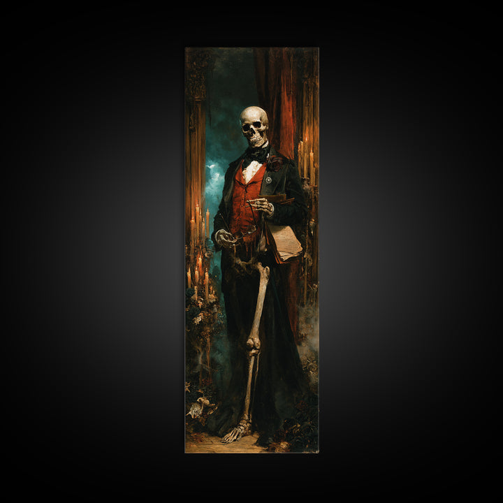 The Gentleman Anatomist, Victorian Skeleton Portrait, Tall Narrow Canvas Print, Antique Style Decor, Classic Monster Art