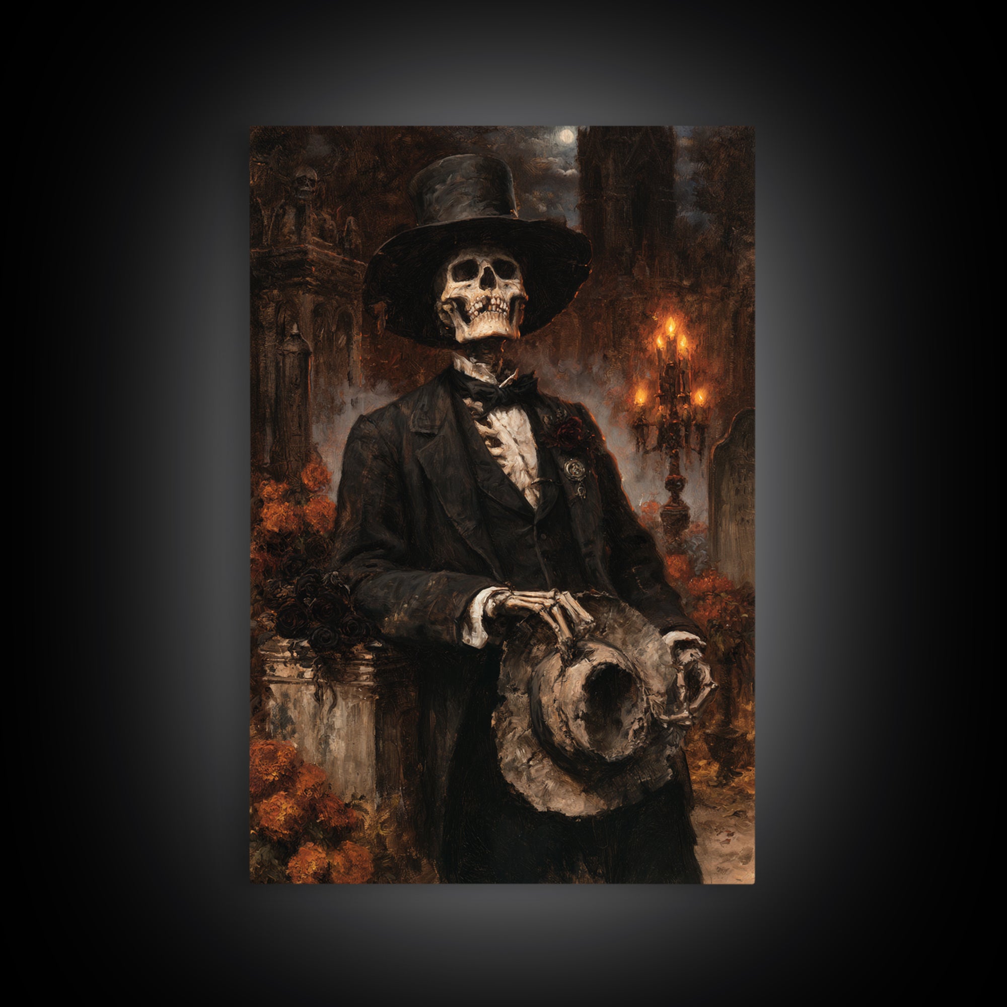 The Harvest Bones, Victorian Skeleton Portrait, Vertical Canvas Print, Macabre Home Decor, Halloween Portrait Art, Classic Monster Art