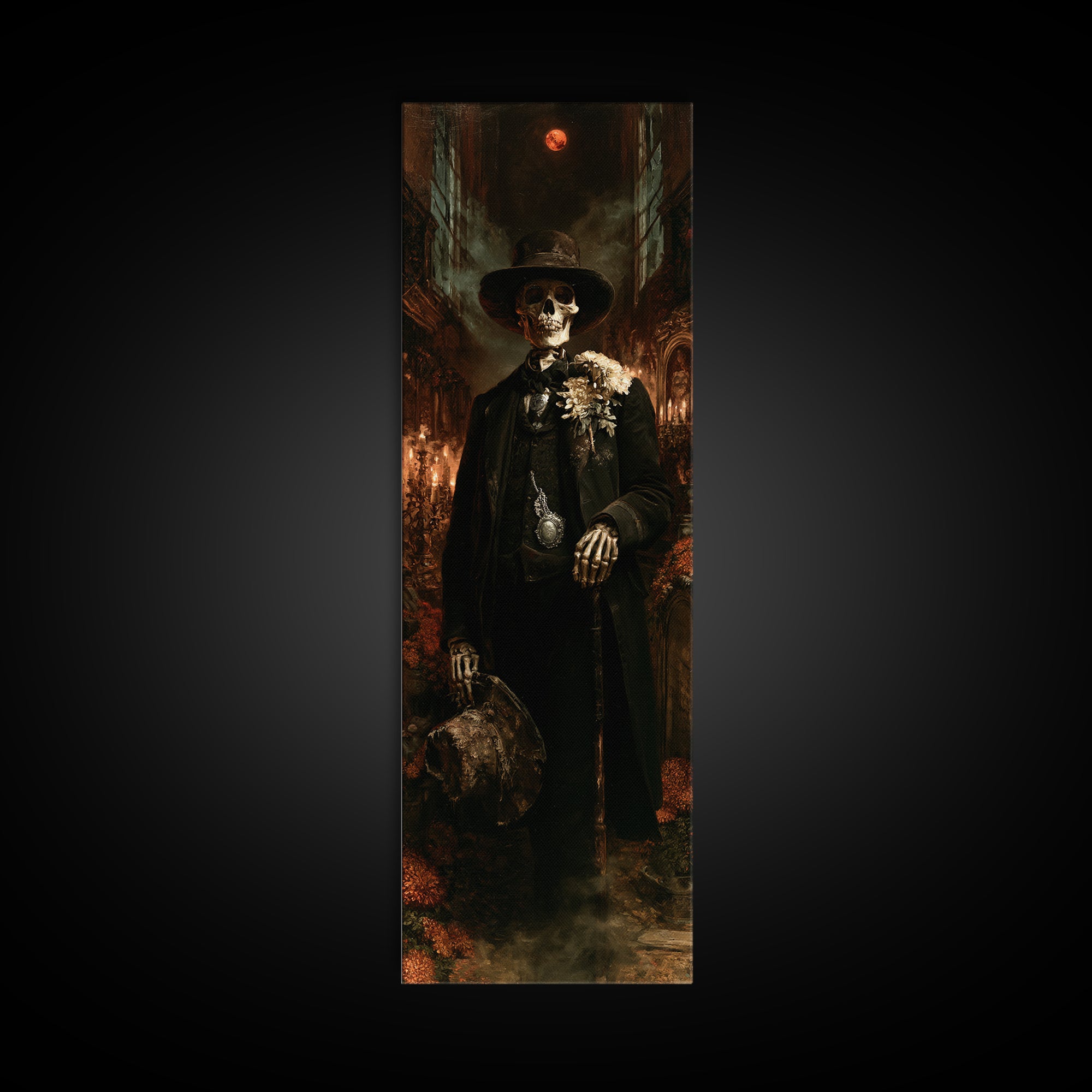 The Harvest Bones, Victorian Skeleton Portrait, Tall Narrow Canvas Print, Macabre Home Decor, Spooky Season Decor, Classic Monster Art