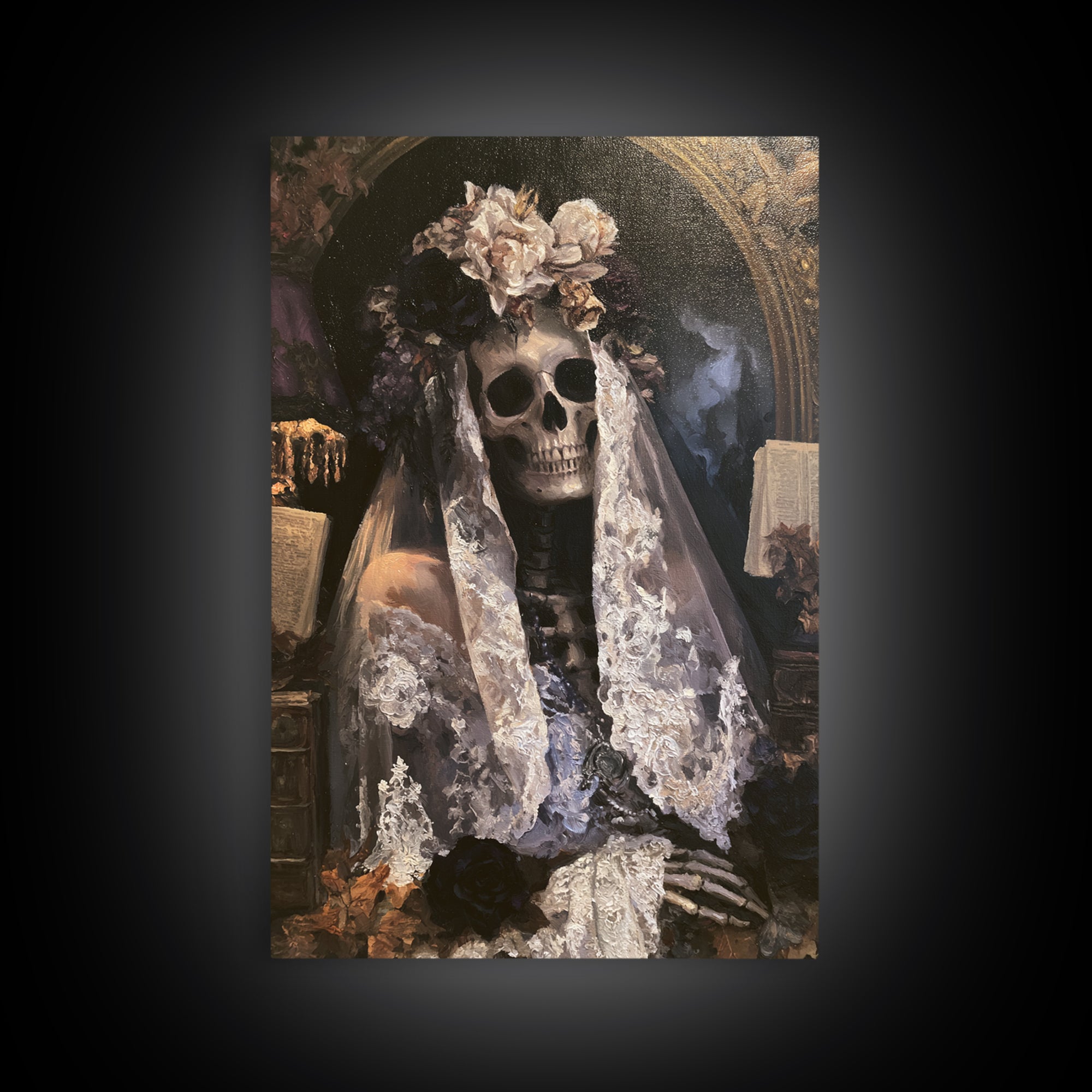 The Mourning Skeleton Bride, Victorian Skeleton Portrait, Vertical Canvas Print, Macabre Home Decor, Classic Monster Art