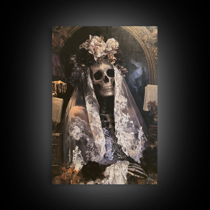 The Mourning Skeleton Bride, Victorian Skeleton Portrait, Vertical Canvas Print, Macabre Home Decor, Classic Monster Art