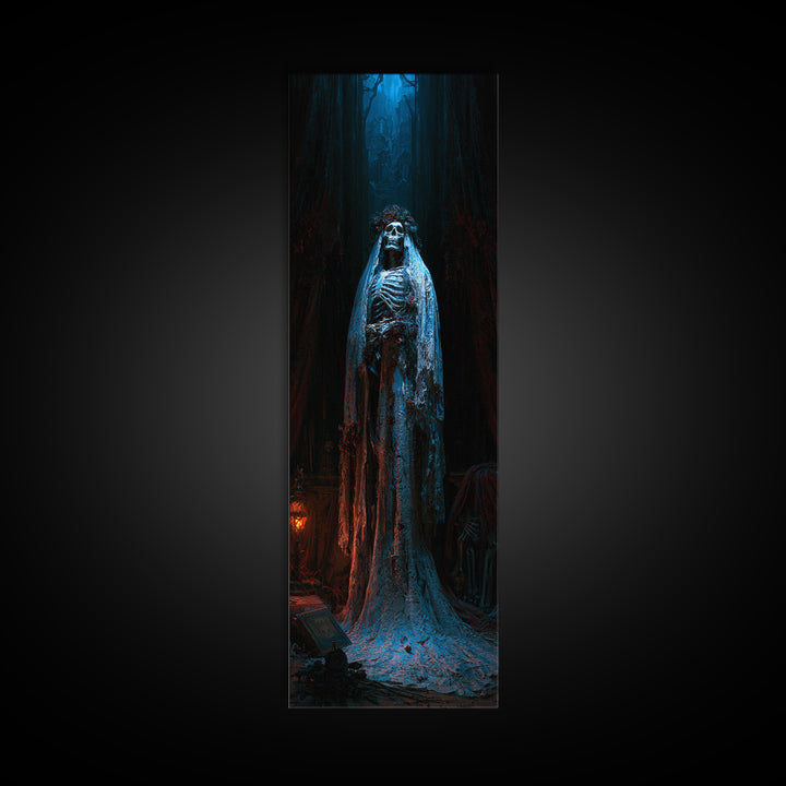 The Mourning Skeleton Bride, Victorian Skeleton Portrait, Tall Narrow Canvas Print, Classic Halloween Decor, Canvas Print
