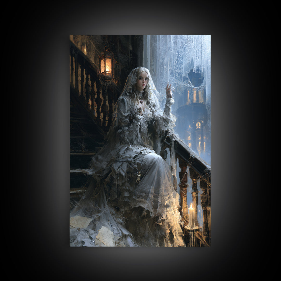 The Frosted Window Shade, Victorian Phantom Portrait, Vertical Canvas Print, Dark Academia Decor, Antique Horror Decor, Classic Monster Art