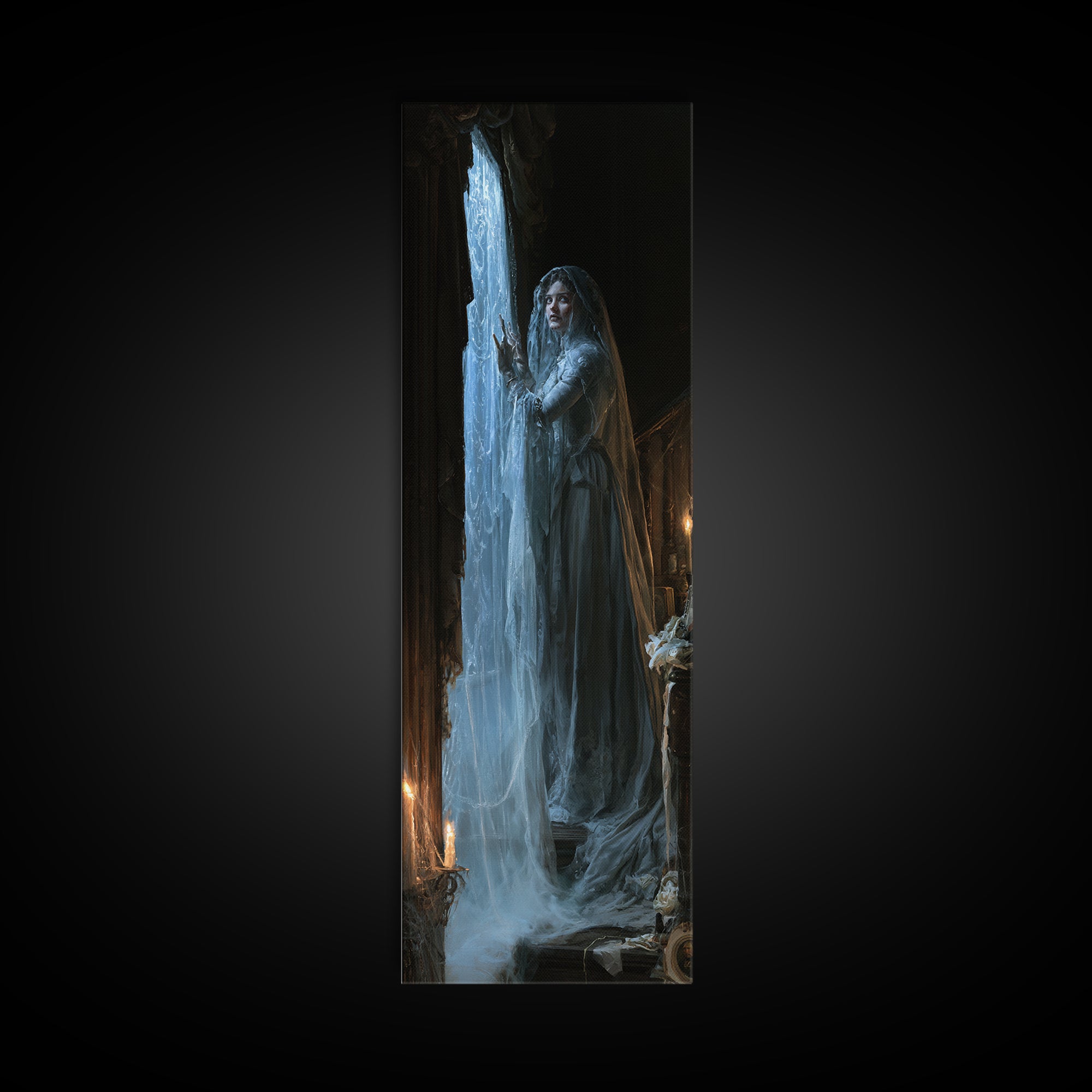 The Frosted Window Shade, Victorian Phantom Portrait, Tall Narrow Canvas Print, Macabre Home Decor, Canvas Print, Classic Monster Art