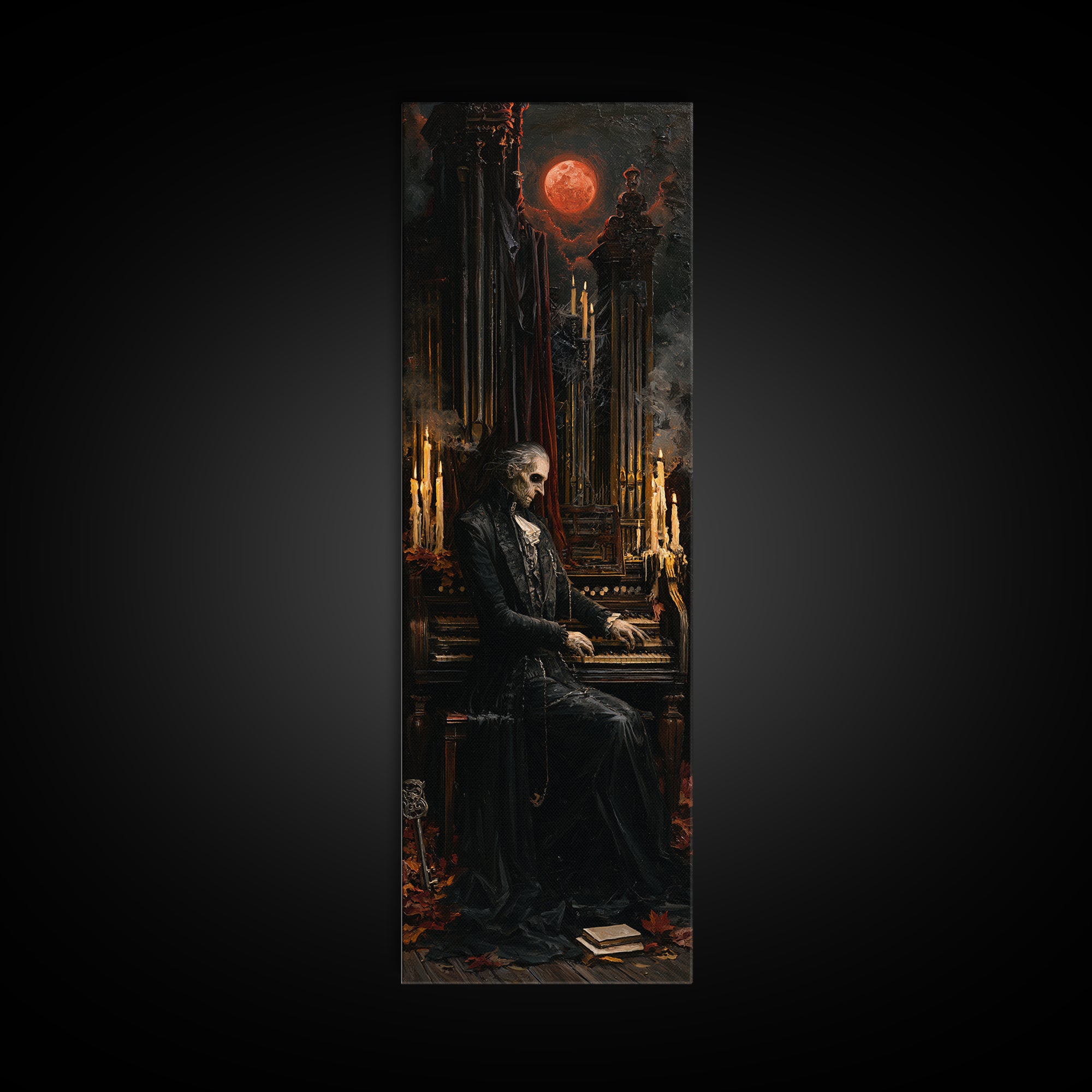 The Cemetery Organist, Victorian Phantom Portrait, Tall Narrow Canvas Print, Macabre Home Decor, Halloween Portrait Art, Classic Monster Art