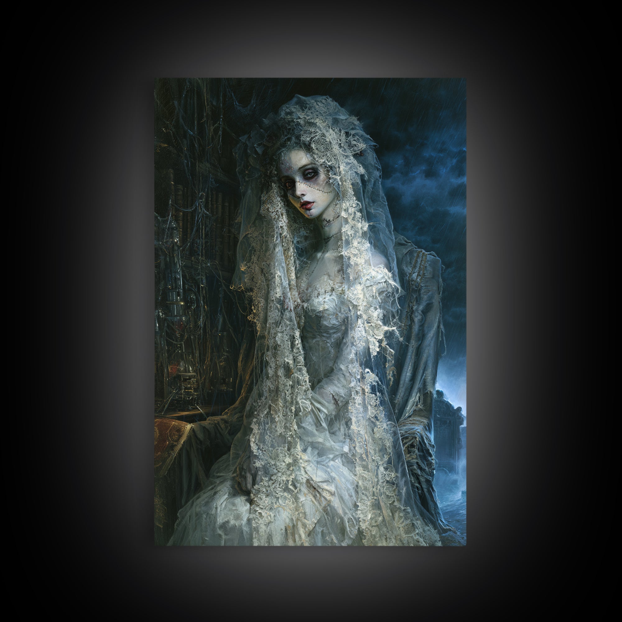 The Storm-Stitched Bride, Victorian Monster Portrait, Vertical Canvas Print, Classic Halloween Decor, Classic Monster Art