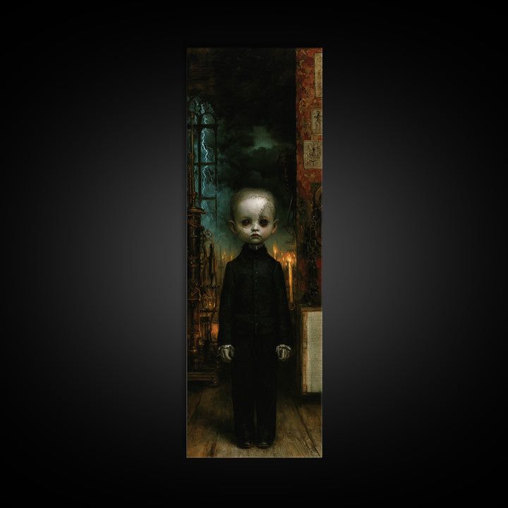 The Orphaned Creation, Victorian Monster Portrait, Tall Narrow Canvas Print, Macabre Home Decor, Halloween Portrait Art, Classic Monster Art