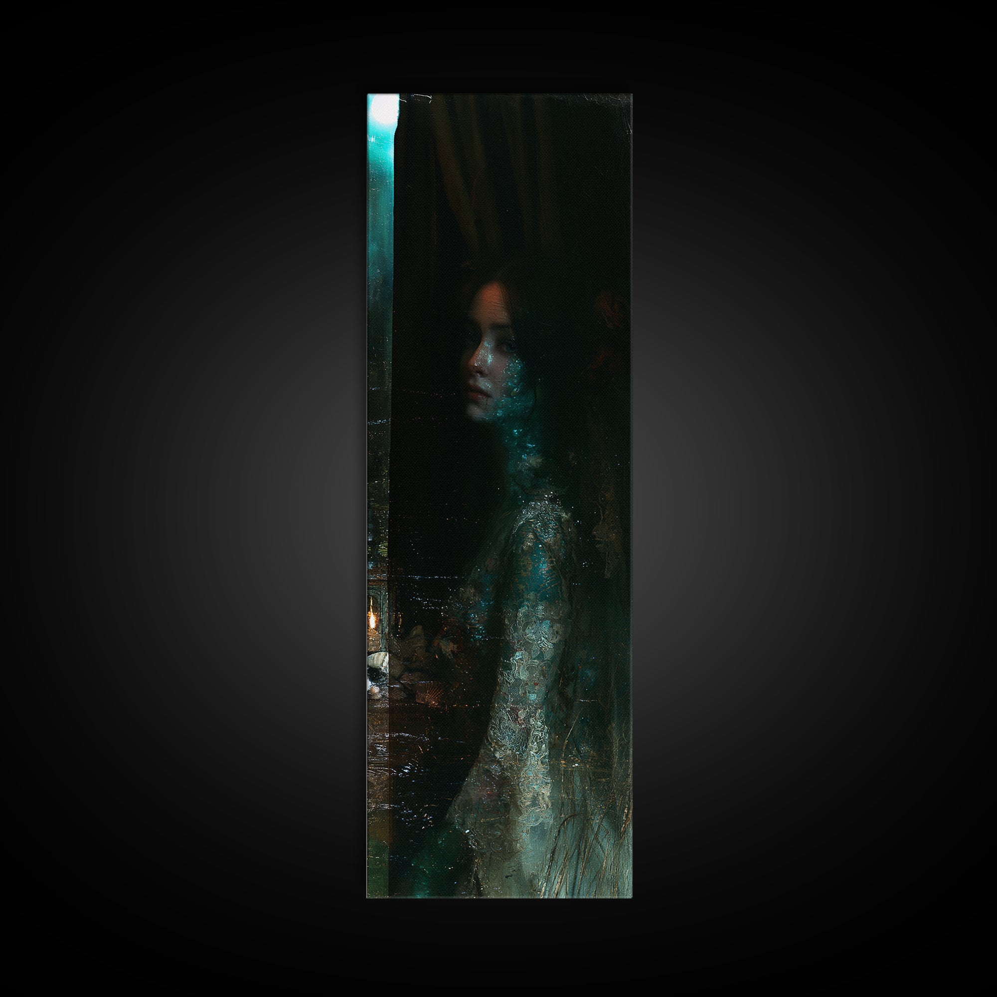 The Lagoon Bride, Victorian Creature Portrait, Tall Narrow Canvas Print, Macabre Home Decor, Halloween Portrait Art, Classic Monster Art