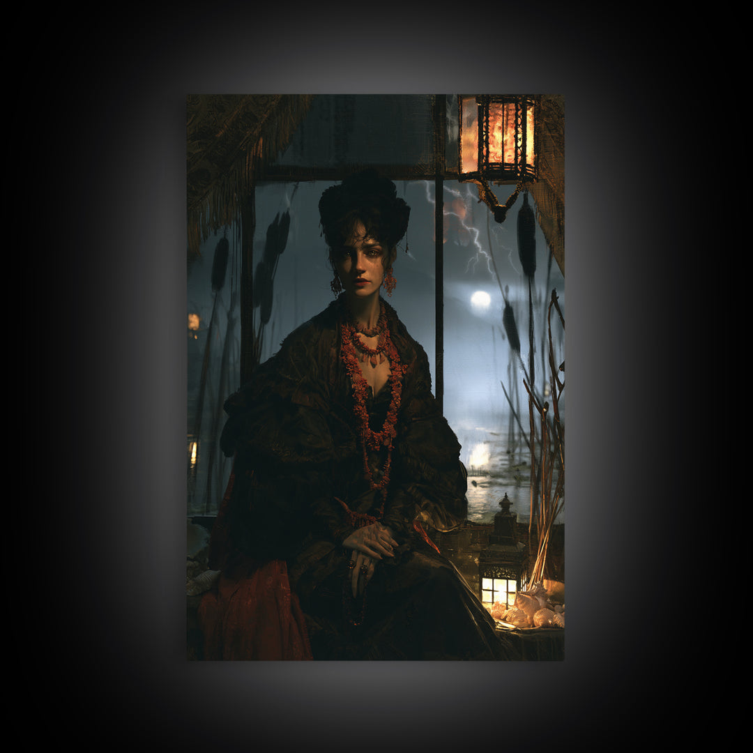 The Tidal Heiress, Victorian Creature Portrait, Vertical Canvas Print, Dark Academia Decor, Antique Horror Decor, Classic Monster Art