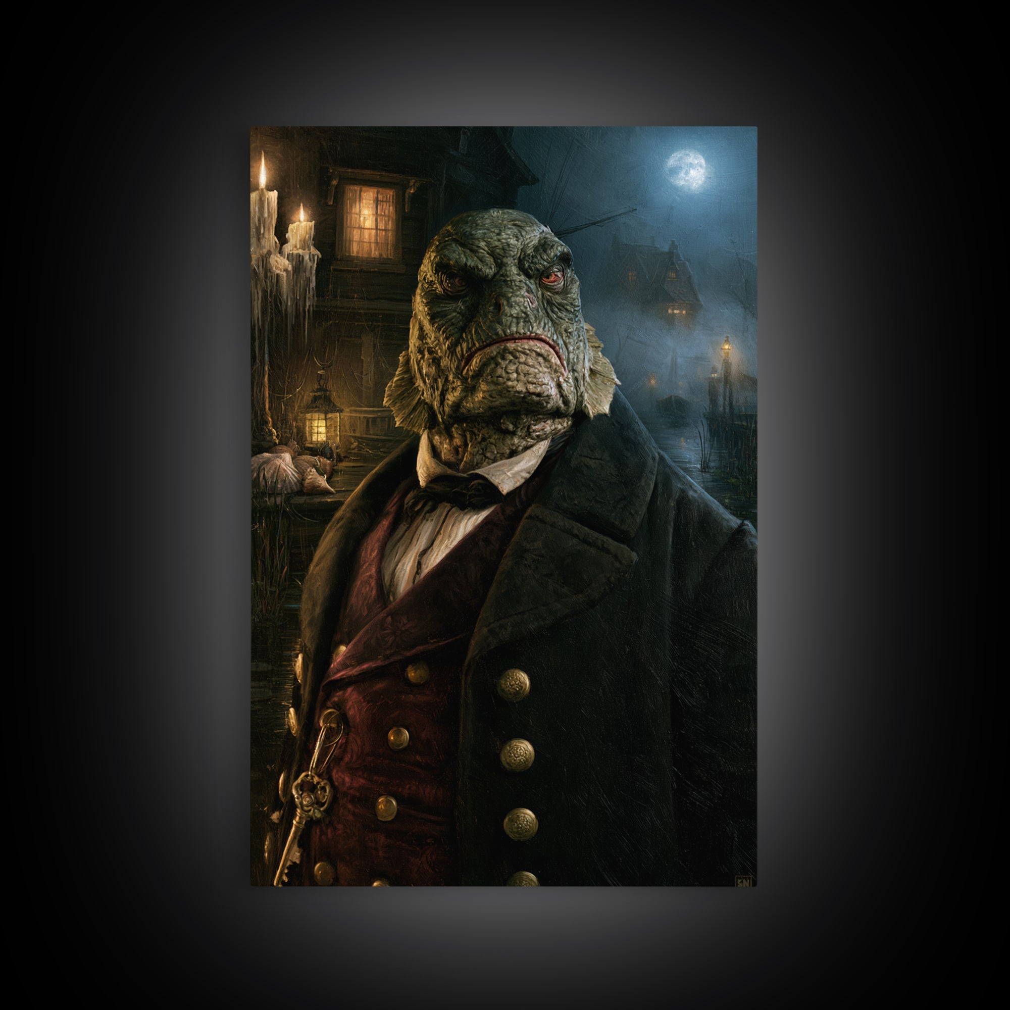 The Drowned Harbormaster, Victorian Creature Portrait, Vertical Canvas Print, Gothic Home Decor, Spooky Season Decor, Classic Monster Art