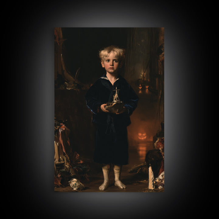 The Moon-Pond Child, Victorian Creature Portrait, Vertical Canvas Print, Antique Style Decor, Halloween Portrait Art, Classic Monster Art