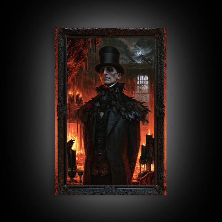 The Raven-Shouldered Undertaker, Macabre Victorian Portrait, Vertical Canvas Print, Classic Halloween Decor, Classic Monster Art