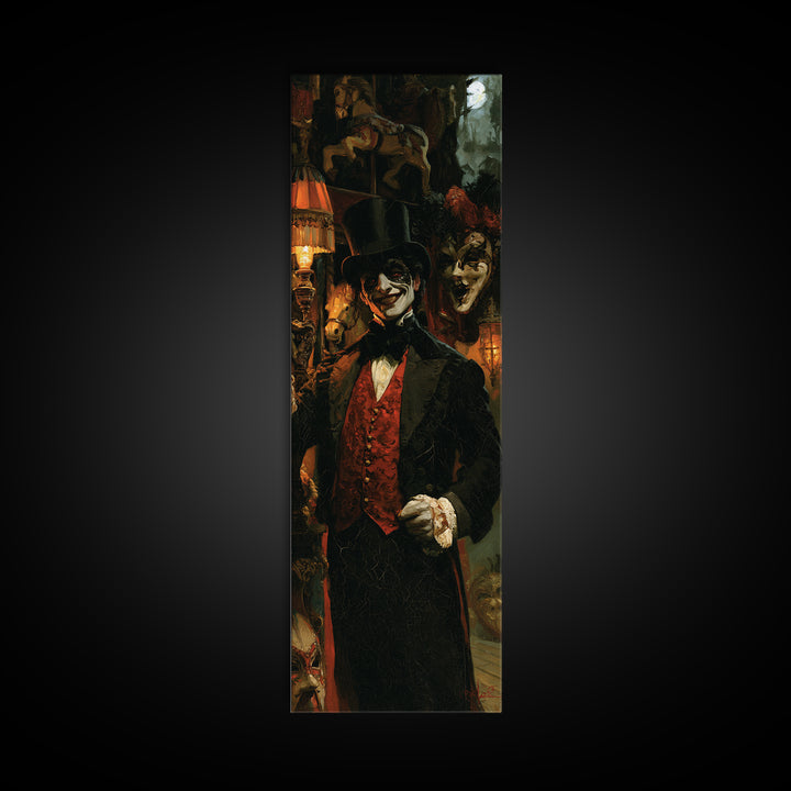 The Cursed Ringmaster, Victorian Circus Horror Portrait, Tall Narrow Canvas Print, Classic Halloween Decor, Classic Monster Art
