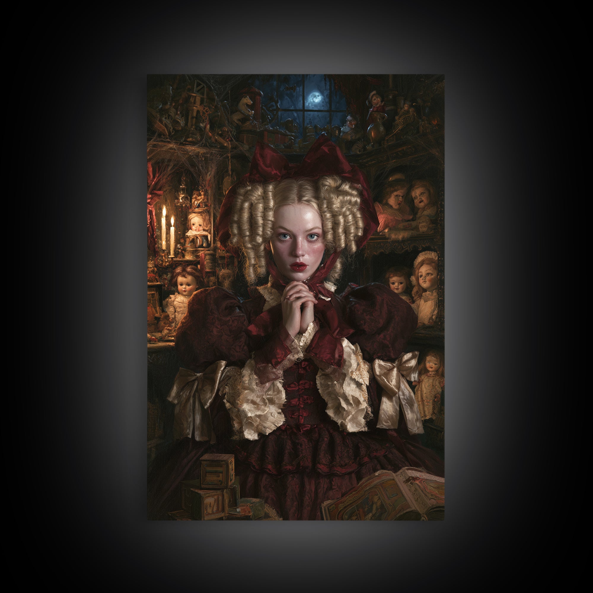 The Porcelain Doll Mistress, Haunted Doll Portrait, Vertical Canvas Print, Gothic Home Decor, Halloween Portrait Art, Classic Monster Art