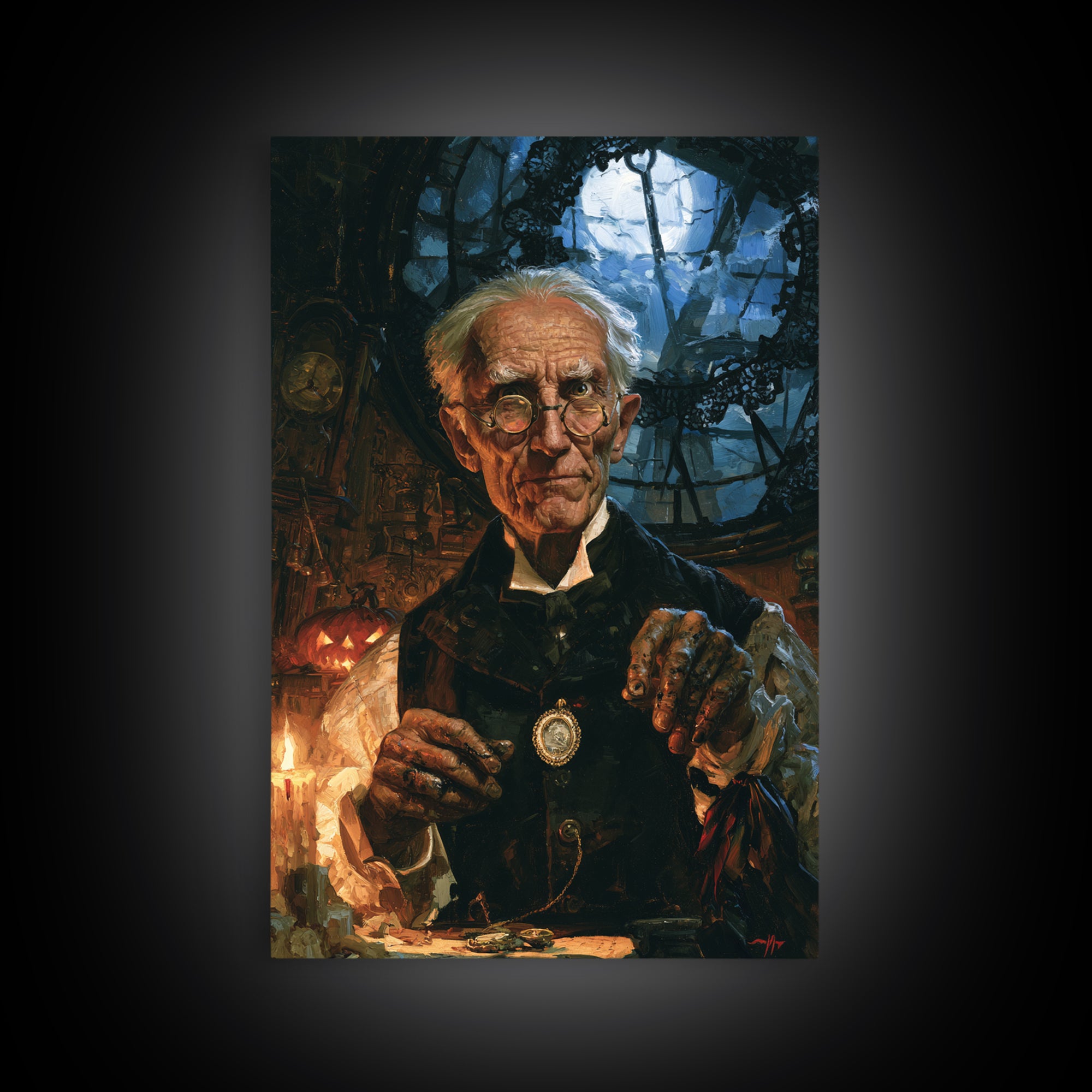 The Clockmaker Of Midnight, Midnight Clockmaker Portrait, Vertical Canvas Print, Dark Academia Decor, Classic Monster Art