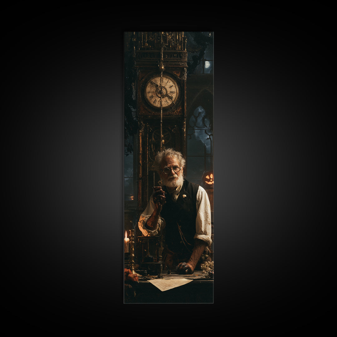 The Clockmaker Of Midnight, Midnight Clockmaker Portrait, Tall Narrow Canvas Print, Antique Style Decor, Gothic Wall Decor