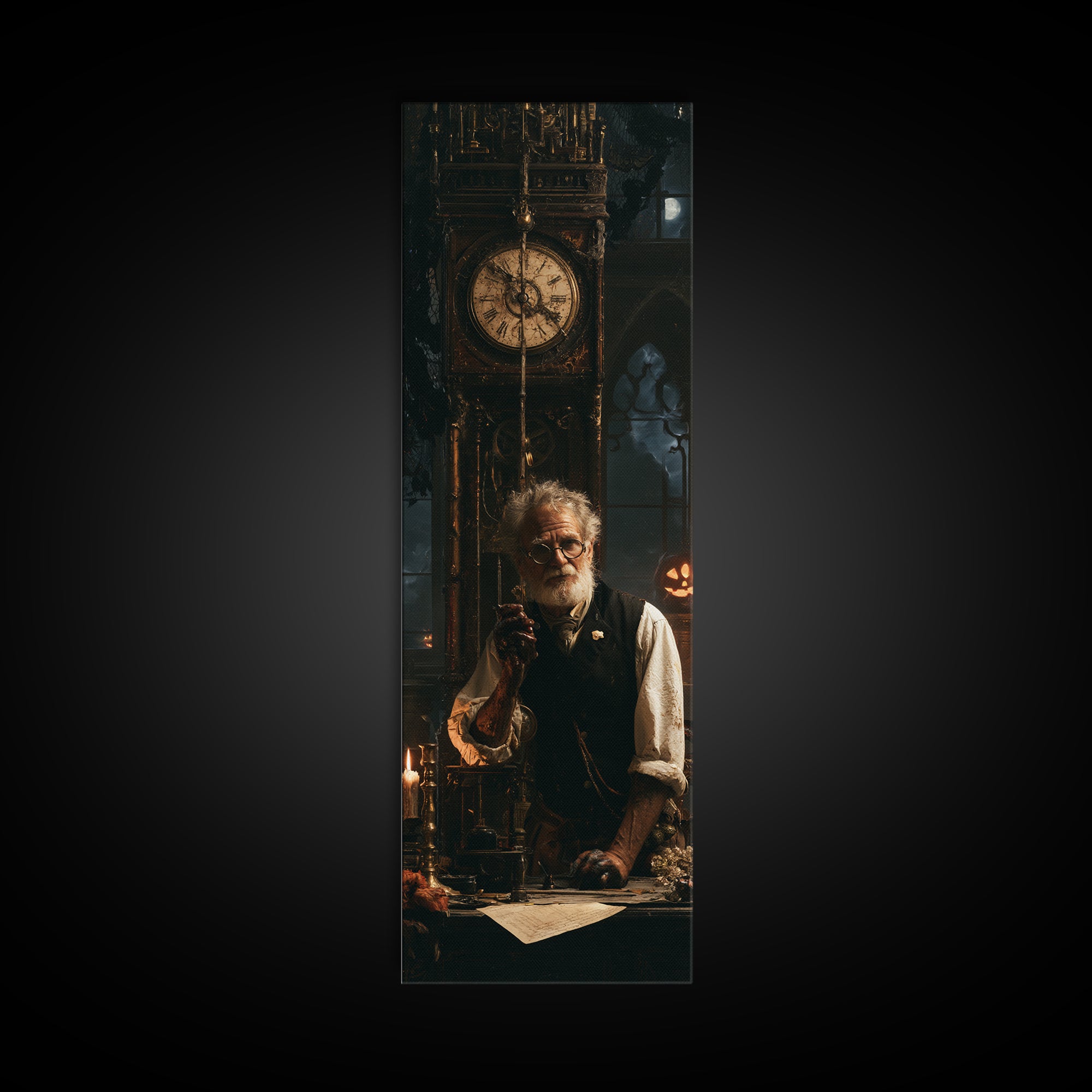 The Clockmaker Of Midnight, Midnight Clockmaker Portrait, Tall Narrow Canvas Print, Antique Style Decor, Gothic Wall Decor