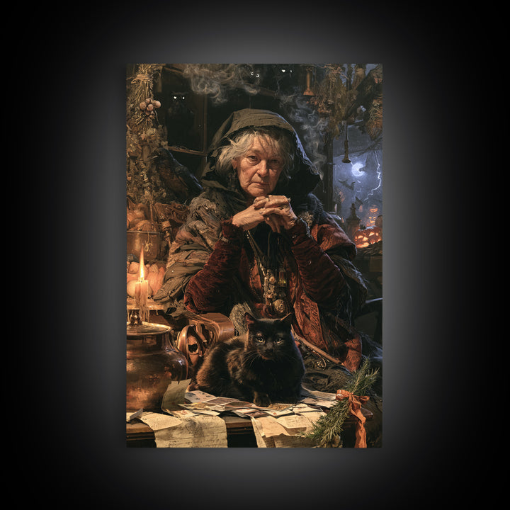 The Black-Cat Fortune Teller, Victorian Fortune Teller Portrait, Vertical Canvas Print, Gothic Home Decor, Classic Monster Art