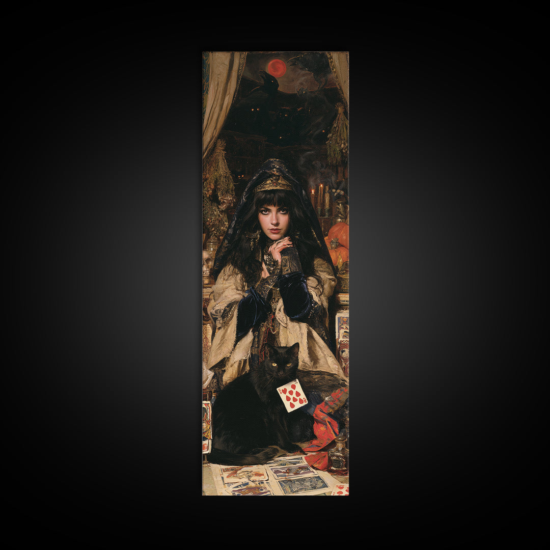 The Black-Cat Fortune Teller, Victorian Fortune Teller Portrait, Tall Narrow Canvas Print, Gothic Home Decor, Canvas Print