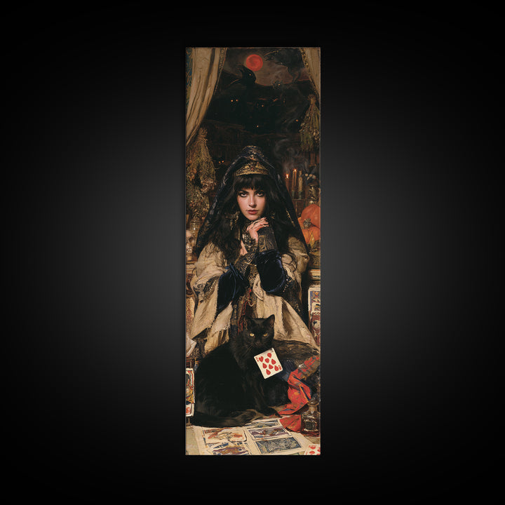 The Black-Cat Fortune Teller, Victorian Fortune Teller Portrait, Tall Narrow Canvas Print, Gothic Home Decor, Canvas Print