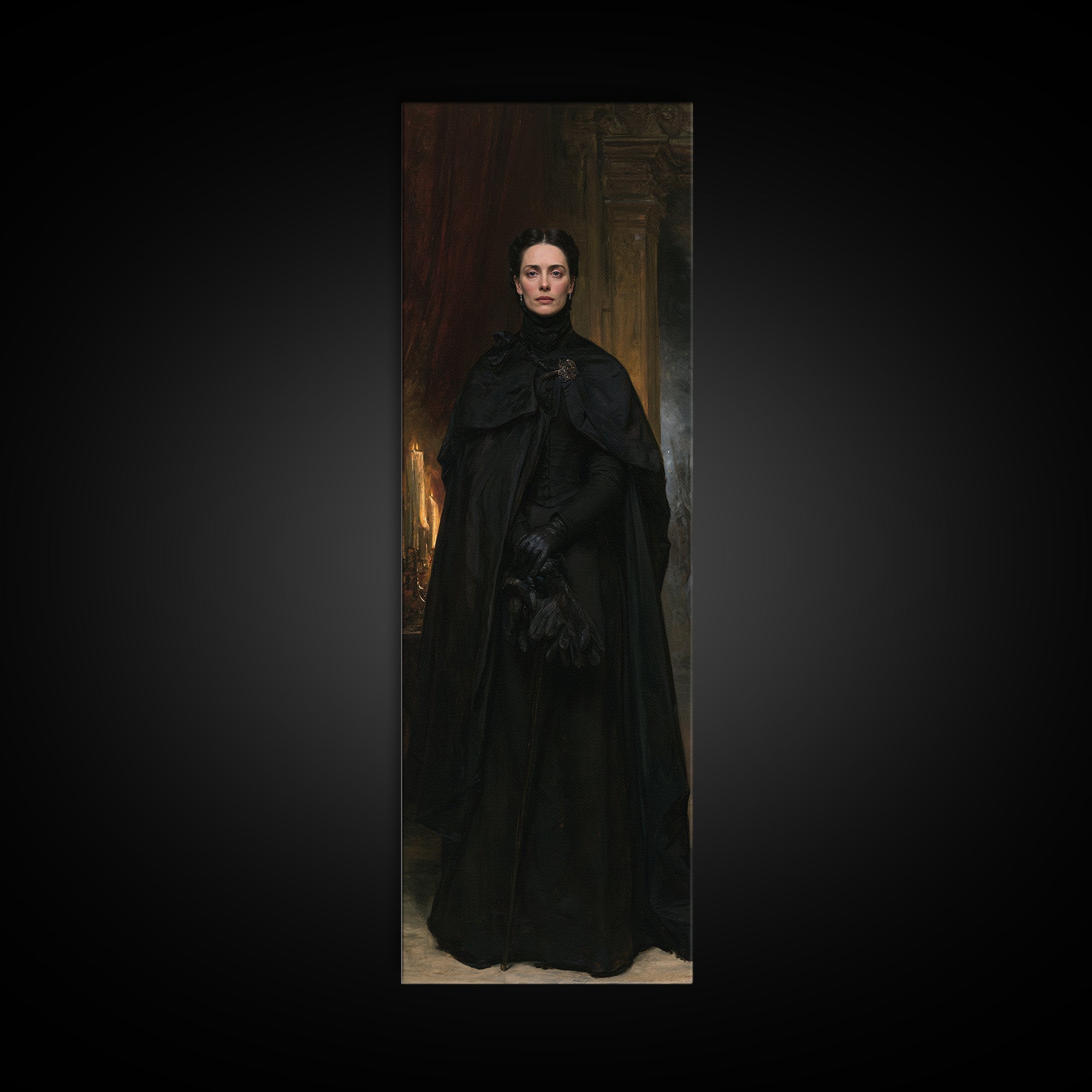 The Headless Cavalier’s Widow, Gothic Horseman Widow Portrait, Tall Narrow Canvas Print, Dark Academia Decor, Classic Monster Art
