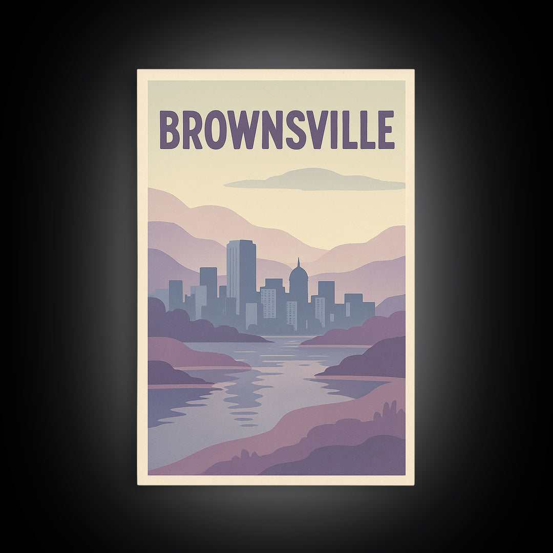 Brownsville Travel Poster, Framed Canvas Print, Pastel Retro Travel Art, Brownsville Poster Print, Eclectic Wall Decor, Travel Art Print