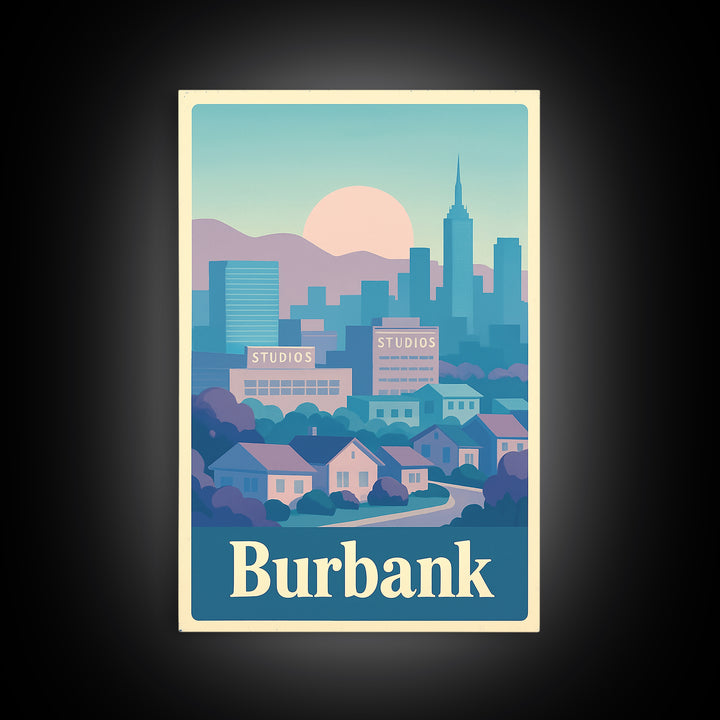 Burbank Travel Poster, Canvas Print, Vaporwave City Skyline Wall Art, Burbank Wall Art, City Illustration, Vintage Travel Art, City Poster