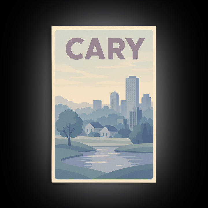Cary North Carolina Travel Poster, Canvas Print, Vaporwave Skyline Wall Art, Cary City Art, Art Print, Retro Travel Print, Wanderlust Decor