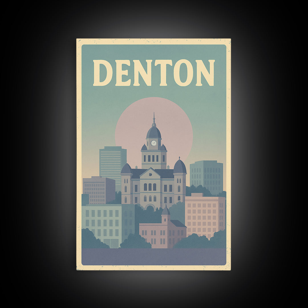 Denton Travel Poster, Framed Canvas Print, Vaporwave Skyline Wall Art, Denton Poster Print, Living Room Wall Art, Modern Wall Decor