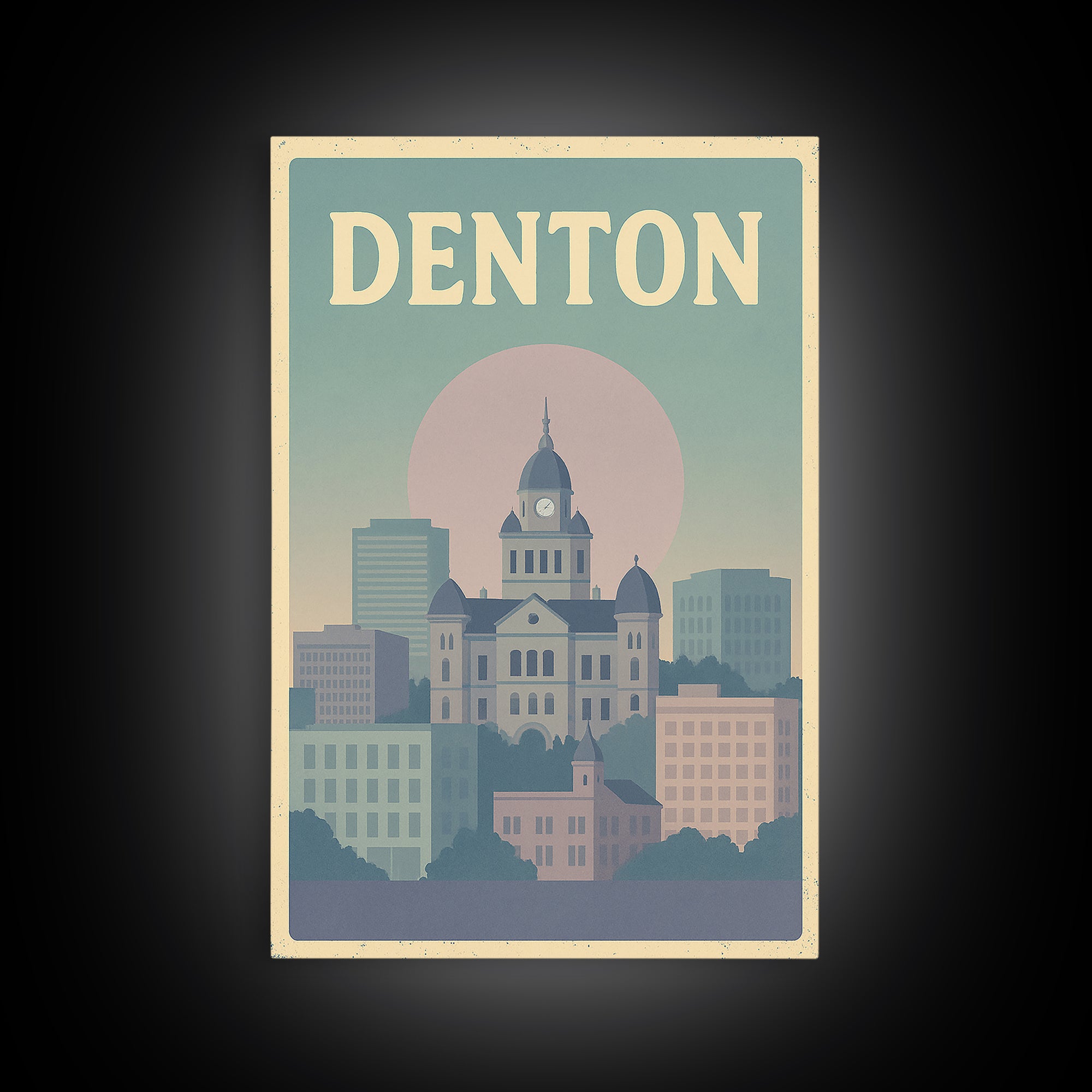 Denton Travel Poster, Framed Canvas Print, Vaporwave Skyline Wall Art, Denton Poster Print, Living Room Wall Art, Modern Wall Decor