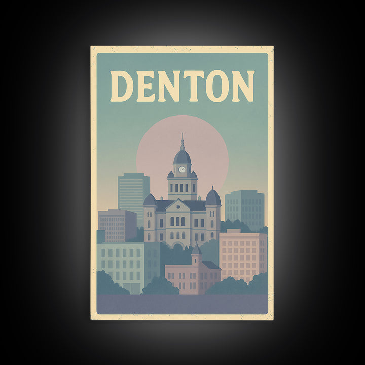 Denton Travel Poster, Framed Canvas Print, Vaporwave Skyline Wall Art, Denton Poster Print, Living Room Wall Art, Modern Wall Decor